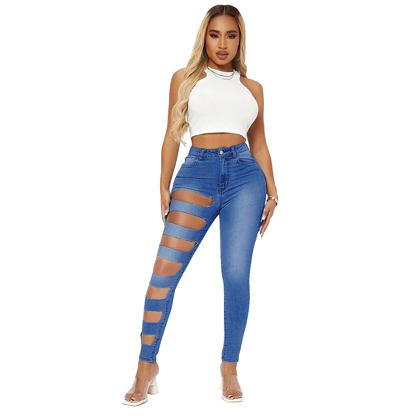 Slim High-Elastic Single-Leg Ripped Jeans NSWL111941