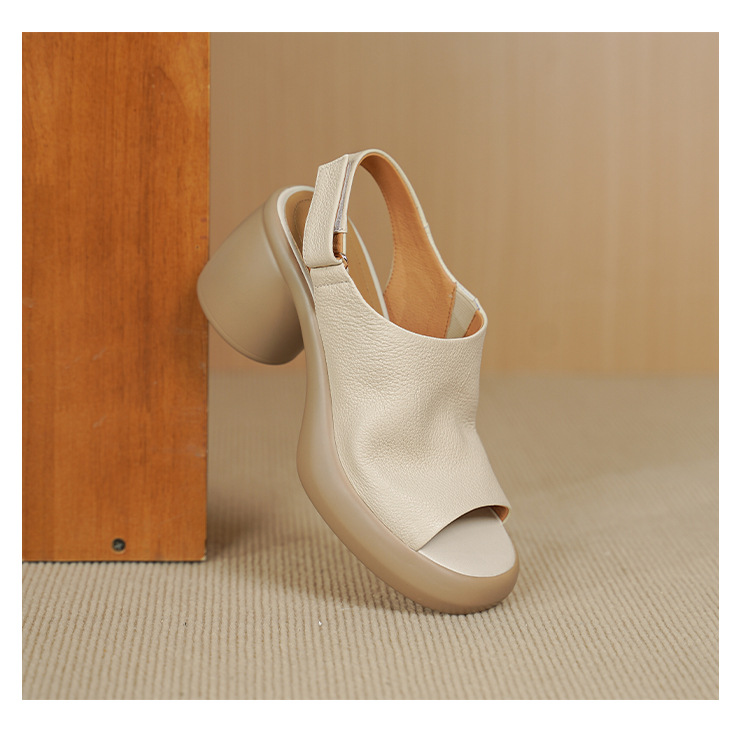 Sandal nữ cao gót mũi hở da cừu quai một từ khóa — màu trắng ngà chi tiết 13