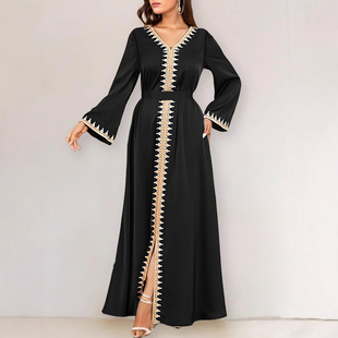 Middle Eastern Arab Muslim New Women's Clothing Cross-Border Fashion Spring and Autumn Splicing Long Skirt with Belt Dress