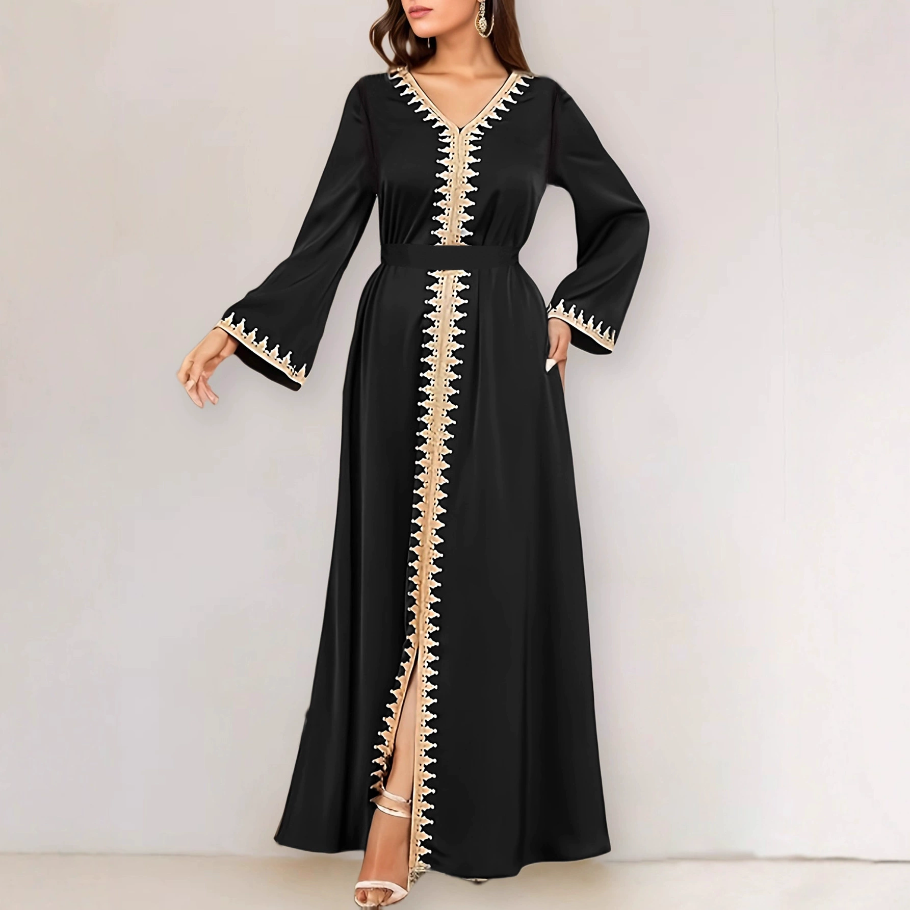 Новое женское платье в стиле ближневосточной арабской моды, весенне-осеннее, с длинной юбкой и поясом, для трансграничной торговли.