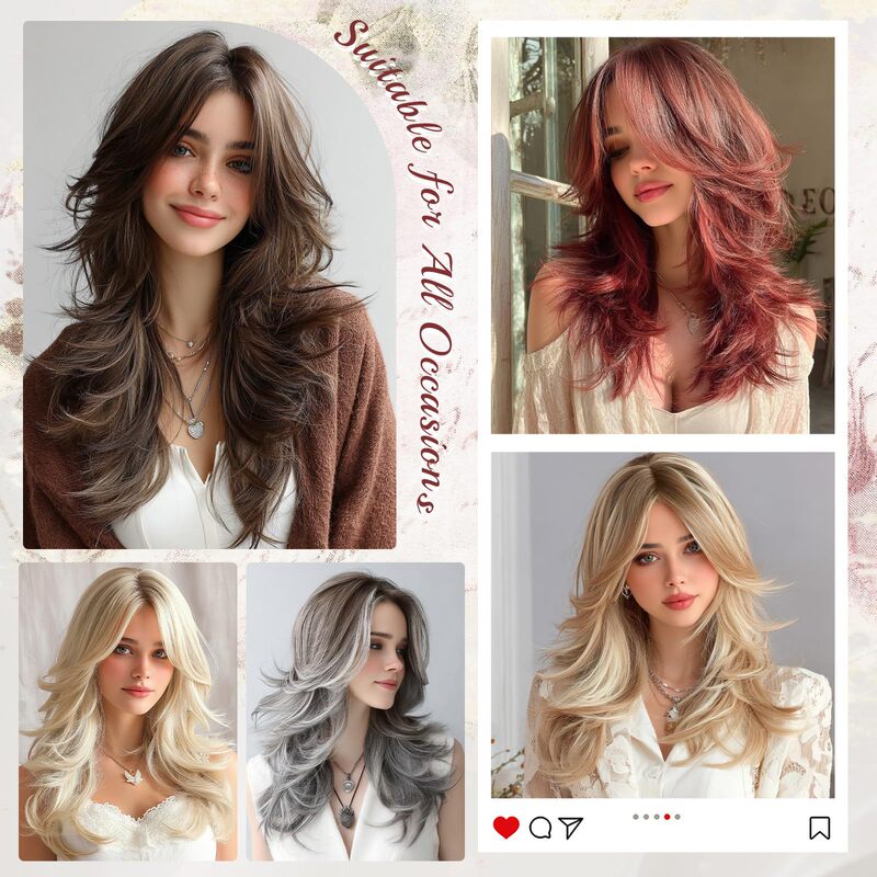 Women's multi-layered fluffy wavy wig, lightweight texture, romantic brown, natural middle-part synthetic wig for women