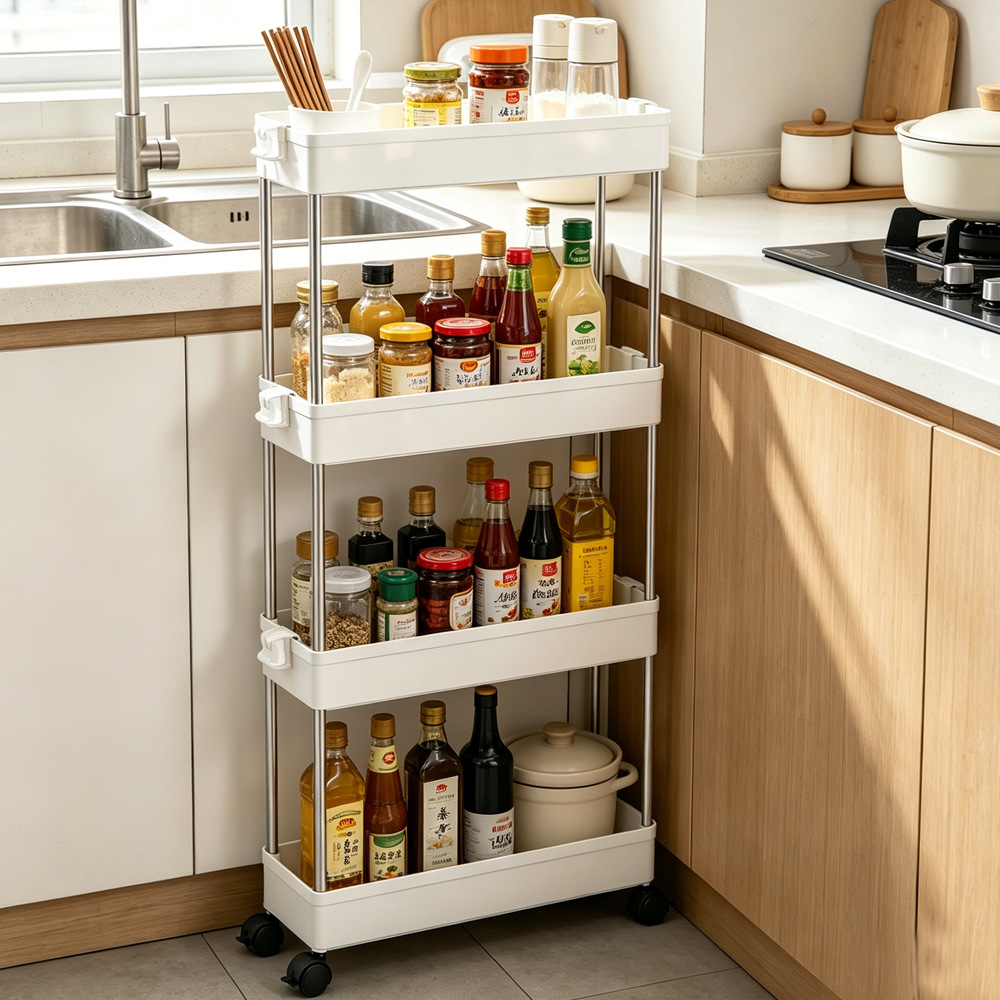 Estante de almacenamiento de varios niveles para suelo, carrito para espacios reducidos en el baño, estante de almacenamiento para cocina, baño, dormitorio, estante móvil para espacios reducidos.