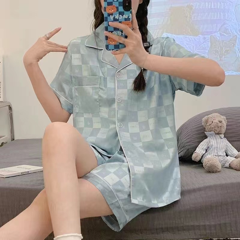 블루 자카드 체크 더블 쇼트