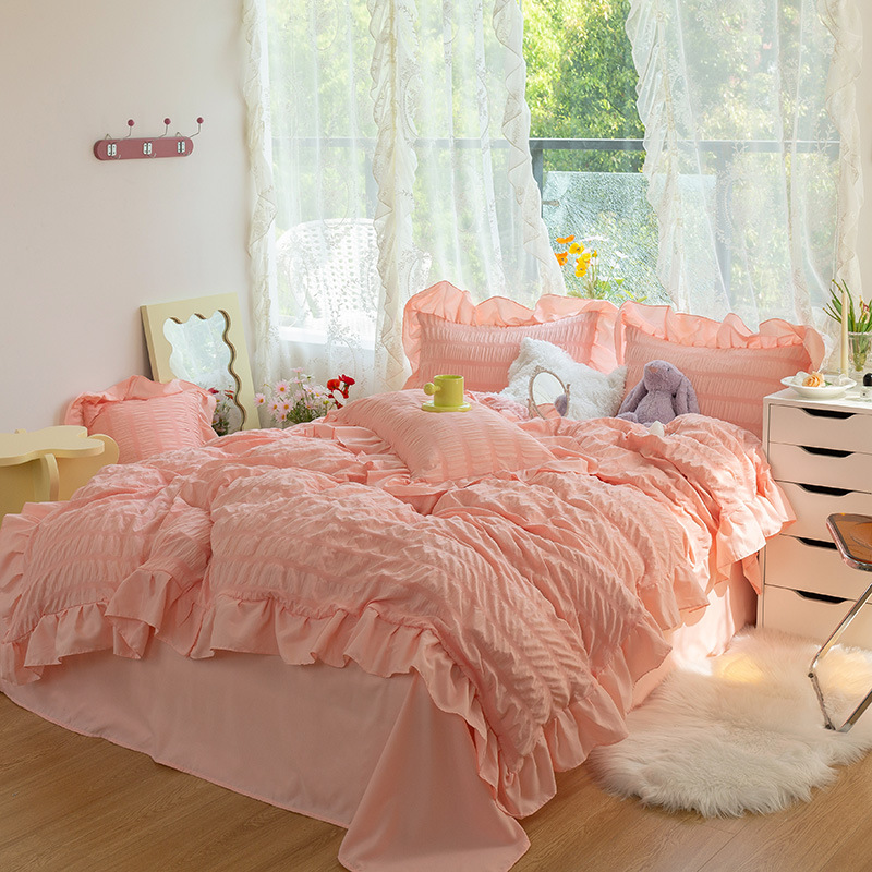 Solid Washed cotton Seersucker Four piece suit Korean Air lace princess sheet Pink Bedclothes On behalf of