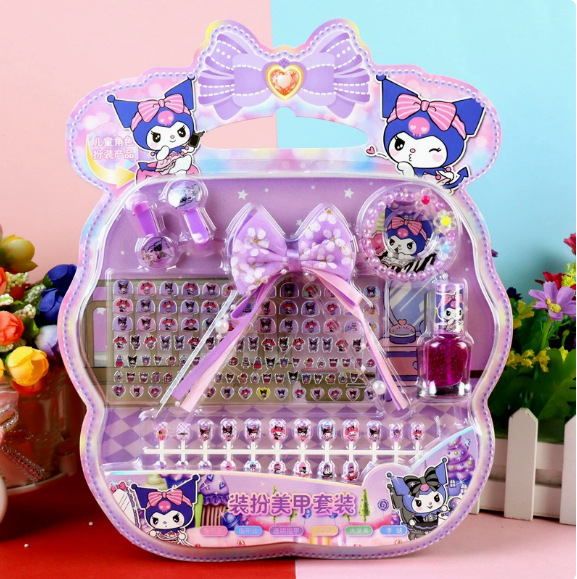 Sanrio Kuromi Children's Cartoon Diamond Nail Rings Hair Ties Bracelets Fake Nails Set Nail Stickers
