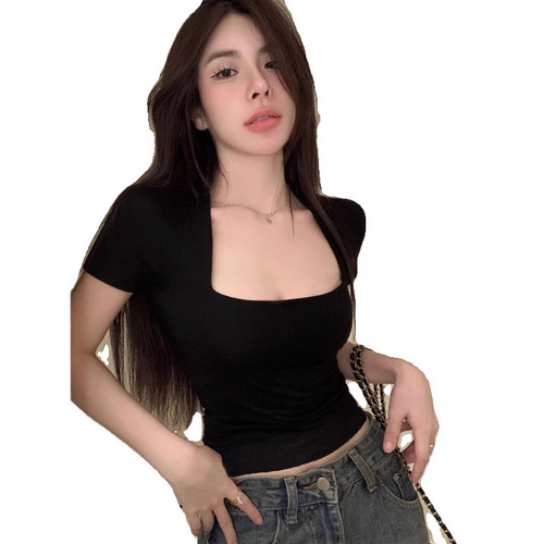 Women's Short Sleeve T-Shirt 2025 Summer French U-Neck Square Collar Student Short Top Slimming and Slimming Trendy