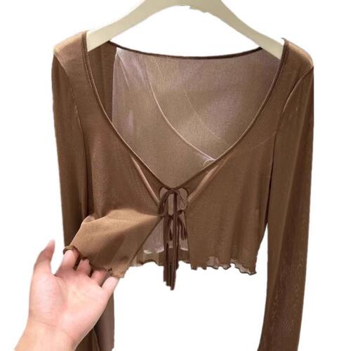 Design with lace sun-drying cardigan for women's spring and summer 2025 suspender skirt with mesh shawl blouse fungus top