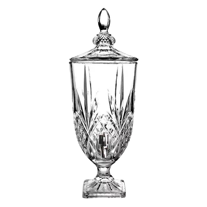 Jarra de jugo olla de vidrio botella de jugo de cristal en relieve con grifo de gran capacidad de jugo frasco transparente botella de agua fría al por mayor