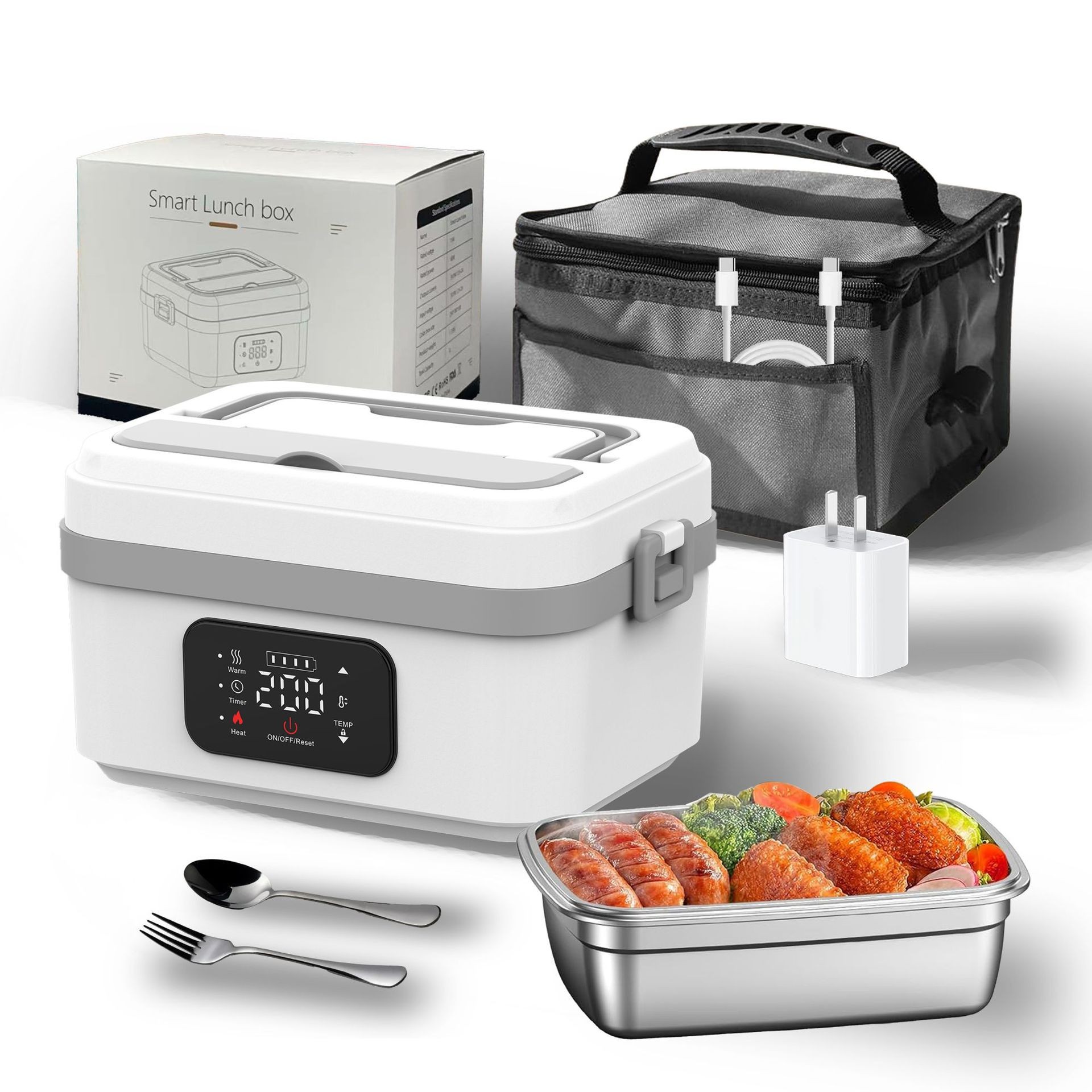Caja de almuerzo de calentamiento 304 caja de almuerzo de acero inoxidable sin inyección de agua caja de almuerzo caliente enchufable USB portátil aislamiento térmico artefacto de comida caliente