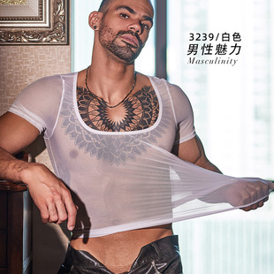 European and American Cross-border Sexy Perspective Men's Sexy Vest Thin High Elastic Sports Student Body Shaping Muscle Men's Top