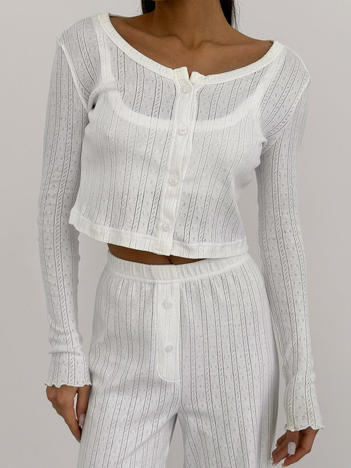 Bộ đồ ngủ nữ 3 món áo cardigan dài tay quần dài họa tiết jacquard — Màu be, Màu hồng chi tiết 61