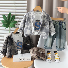跨境男童扎染竖条春秋套装满印休闲翻领儿童外套三件套装立体工装