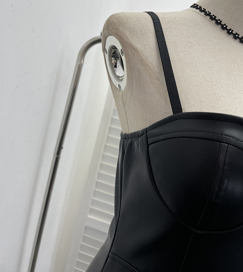 Real Shot Sexy Sling Sheath A line Faux Leather Waist Slimming Short Chest Pad Dress