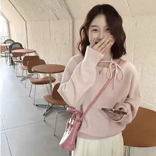 粉色毛衣女秋冬新款韩系气质时尚圆领系带设计宽松慵懒软糯针织衫|undefined