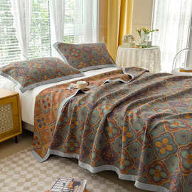 新款全棉双层纱床盖三件套纯棉复古印花双层纱盖毯毛巾被四季通用