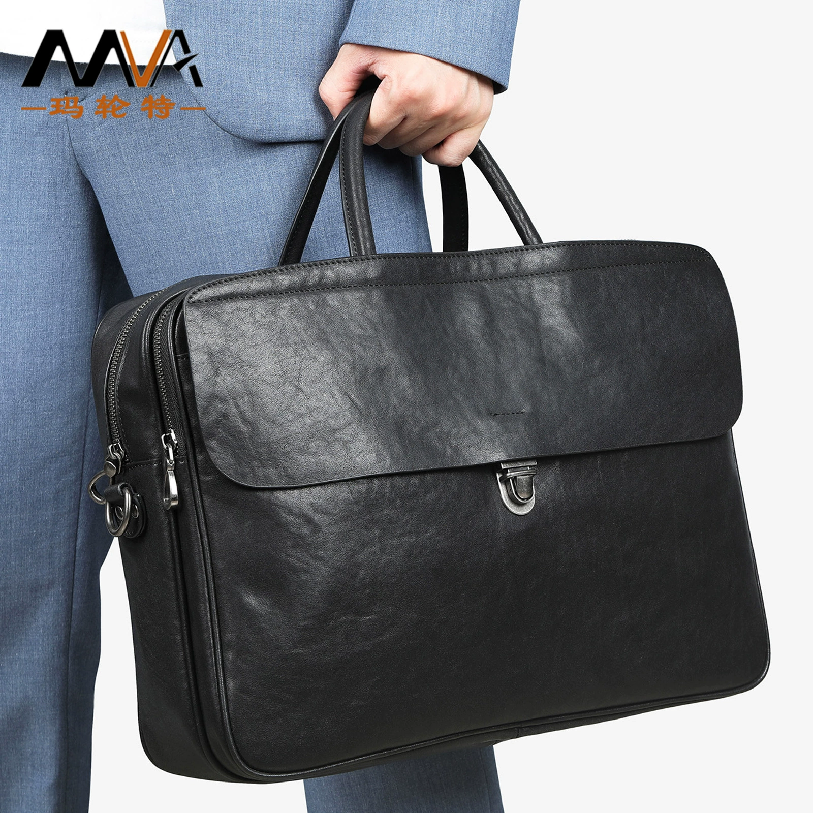Handheld capacious leather laptop for leisure for documents, genuine leather, business version, high-end
