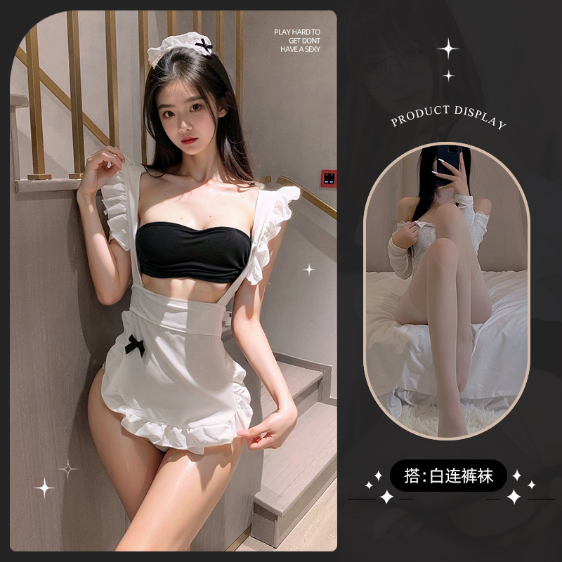 메이드복 [머리띠+긴팔탑+T바지+옷]+흰색 팬티스타킹