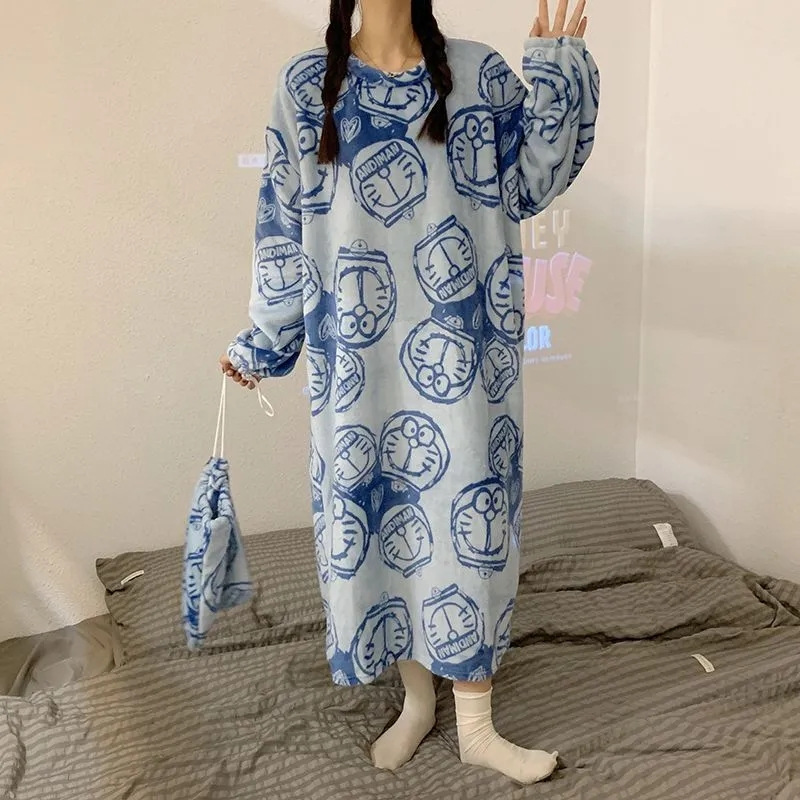 Otoño y invierno pijamas de mujer con bolsas de tela pijamas de franela caliente cuello redondo dulce camisa de coral ropa para el hogar