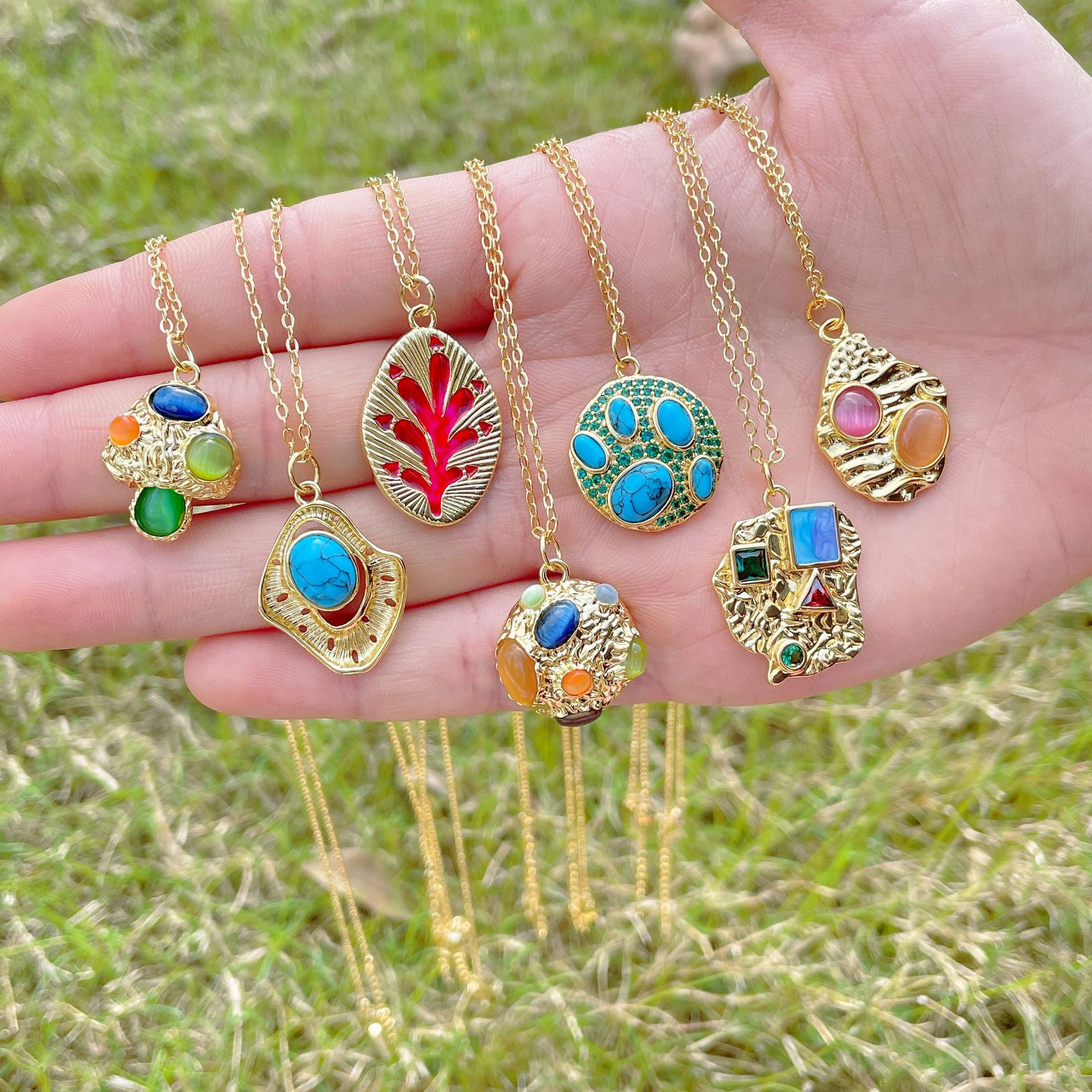 Retro Irregular Geometric Copper Gold Plated Ellipse Plating Natural Stone Pendant Necklace