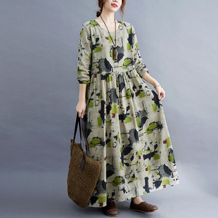 Spring and Autumn Lotus Pattern Artistic Ethnic Style Women's Loose Large Size Printed Dress Long Sleeve Cotton Linen Dress Trendy