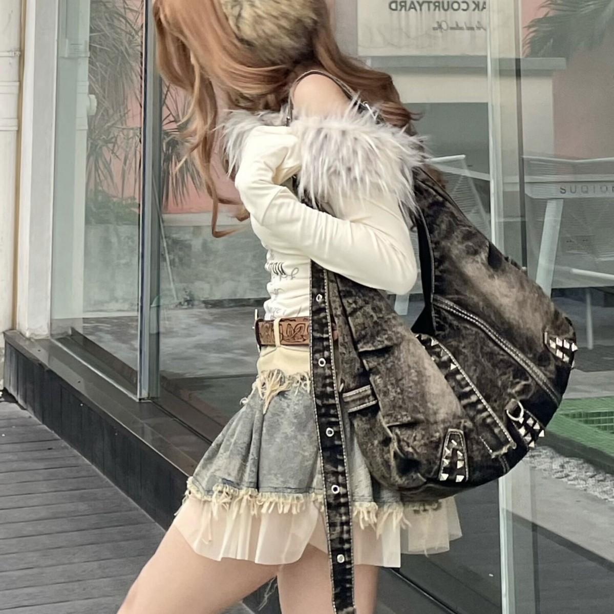 伊妮兒 復古牛仔托特包美式潮流ins風單肩包學生日常通勤斜挎包