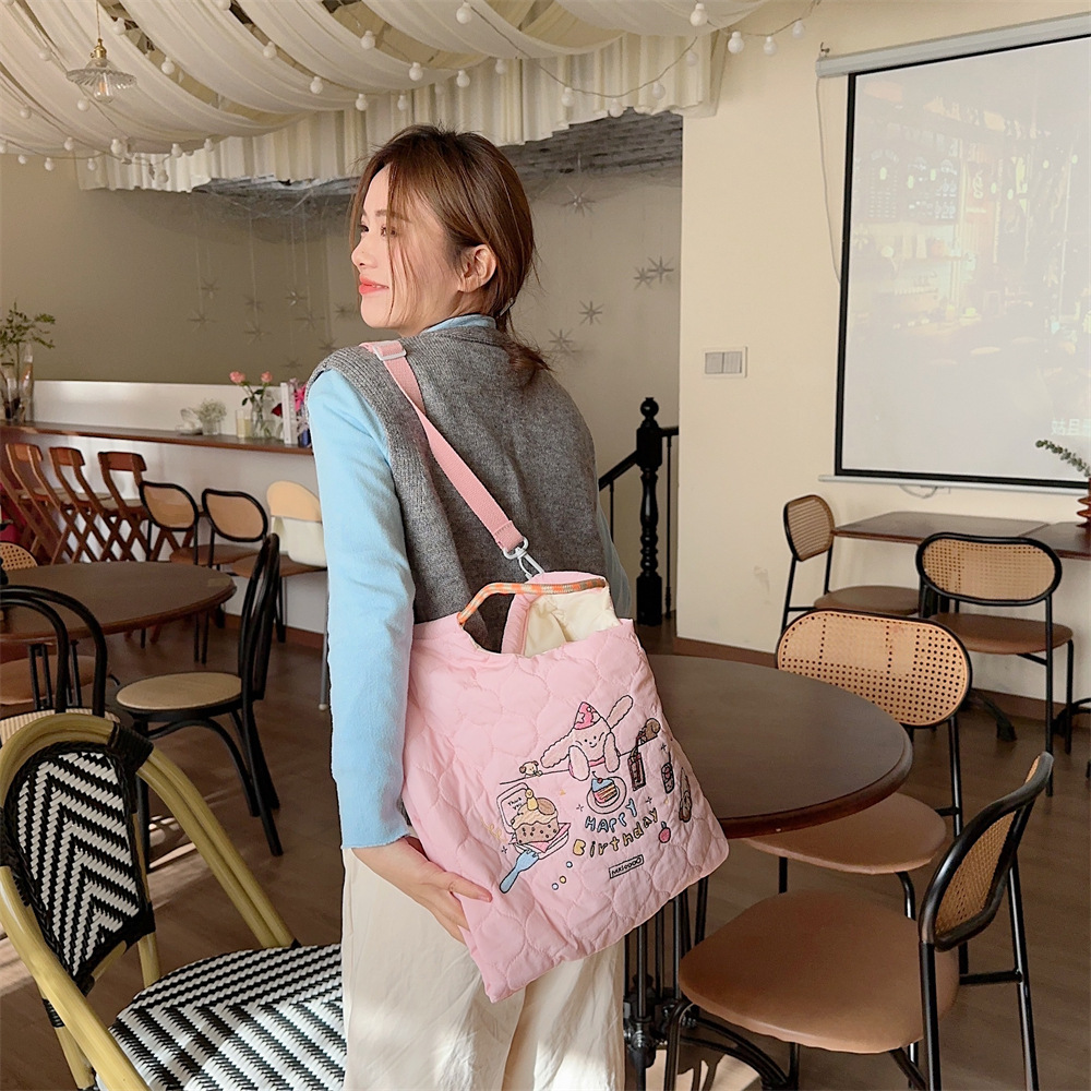 31223 Quilted soft crossbody bag, large capacity hand-held shoulder bag, cartoon embroidered little rabbit student handbag undefined