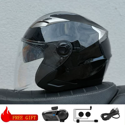 Half Helmet Motorcycle Helmet – Motosiklet kaskı (dəbilqə) - glossy-black-transparent-lens-with-bluetooth-m57-58