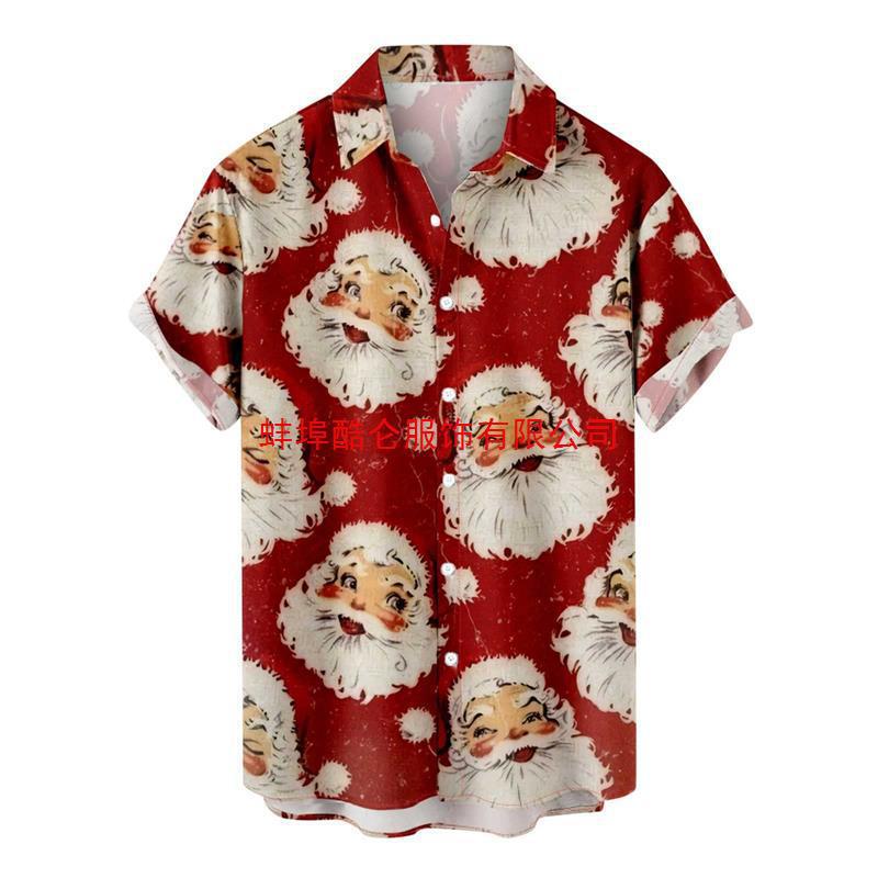 2025 Foreign Trade 3D Printing Santa Claus Shirt Short Sleeve Lapel Shirt Funny Men's Christmas Clothing Summer