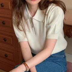 领针织衫短袖恤女夏薄款拉链翻领潮韩版别致洋气短款上衣