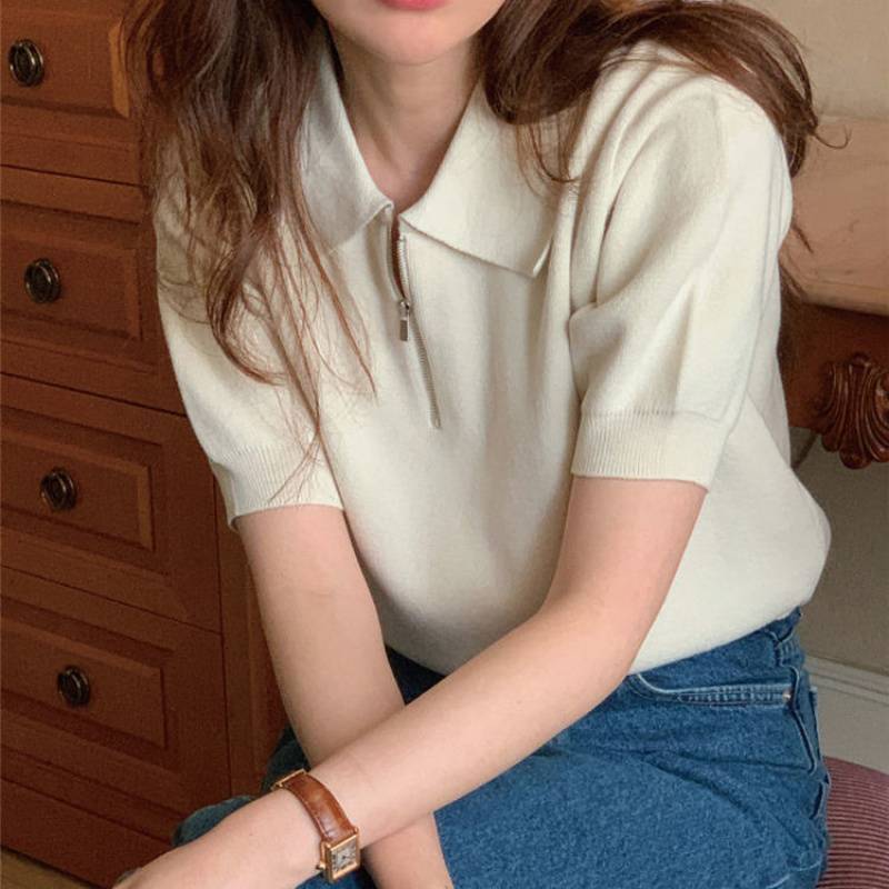 领针织衫短袖恤女夏薄款拉链翻领潮韩版别致洋气短款上衣|undefined
