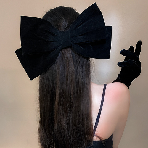 French black super large velvet bow hair clip for women, high-end head accessory, large size, spring clip for the back of the head