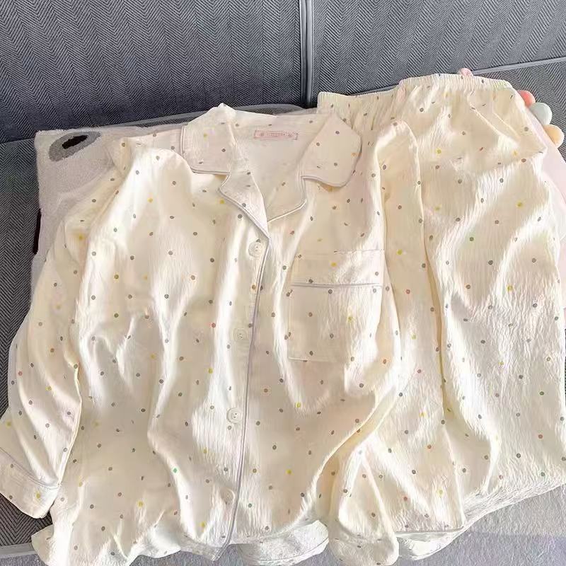 日系卡通圆点小猫云朵棉睡衣女士长袖长裤翻领开衫开衫直播家居服|undefined