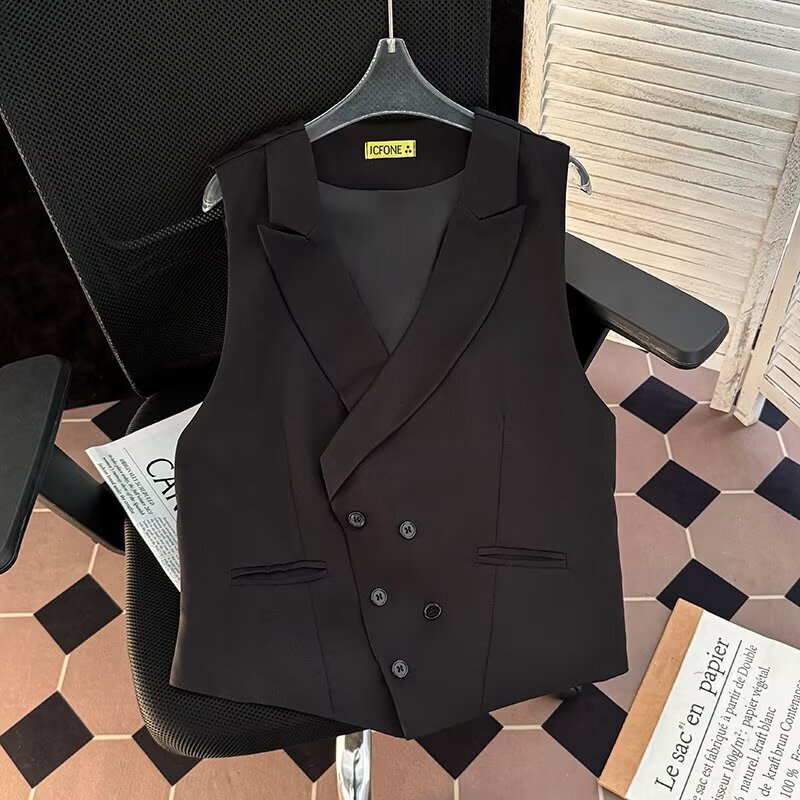 Black Waisted Suit Vest Men's Ins Trendy Brand Plankton Handsome Neutral Style Advanced Sense Gun Barge Collar Slim-fit Vest Top
