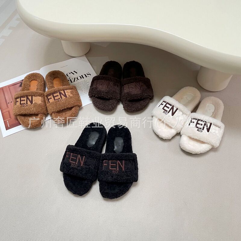 Thick-Soled Furry Shoes for Women to Wear Outside 2025 Autumn and Winter New Embroidered Letters Pink Plush Cotton Slippers