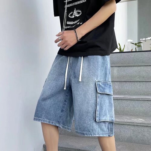Summer Trend Workwear Denim Shorts for Men Korean Style Streetwear Loose Wide Leg Straight Leg Pants Stylish Casual Five-Finger Pants