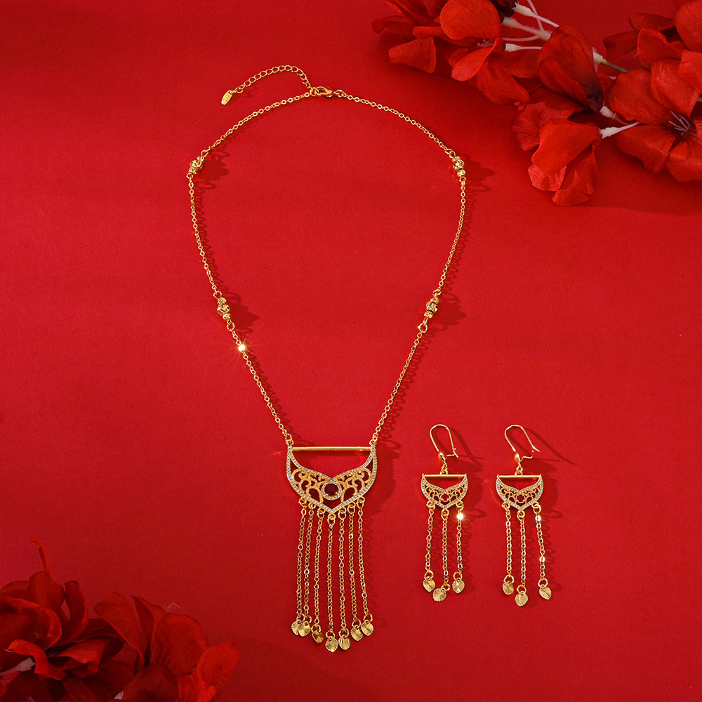 Popularidad transfronteriza aretes de mano exquisita collar conjunto de joyería mujer bronce dorado diamantes pendientes colgantes dos joyerías image 6