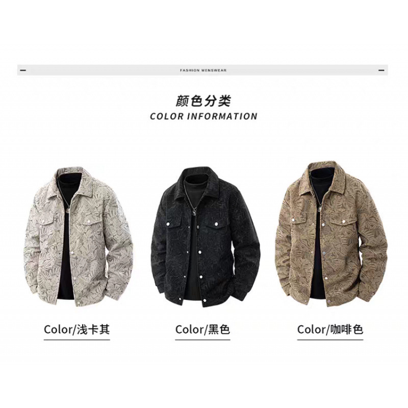 跨境春秋季灯芯绒夹克男士长袖外套潮流花纹工装翻领上衣服批发|undefined