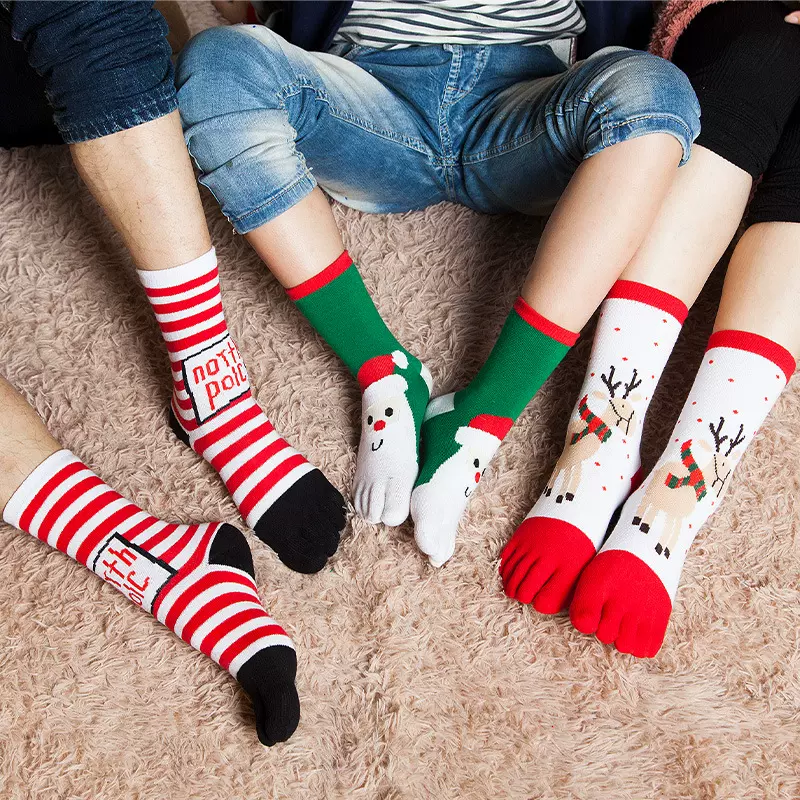 圣诞节五趾袜女童中童复古休闲百搭棉袜圣诞麋鹿雪花款亲子袜跨境