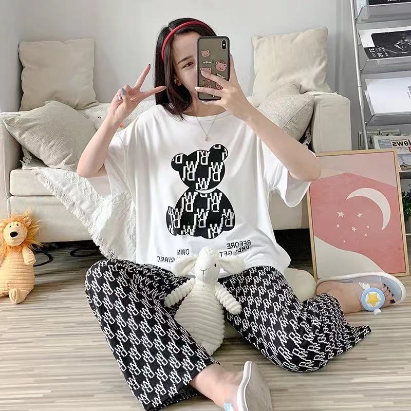 睡衣女春秋款5XL码新款短袖长裤女士印花可爱可外穿家居服套装|undefined