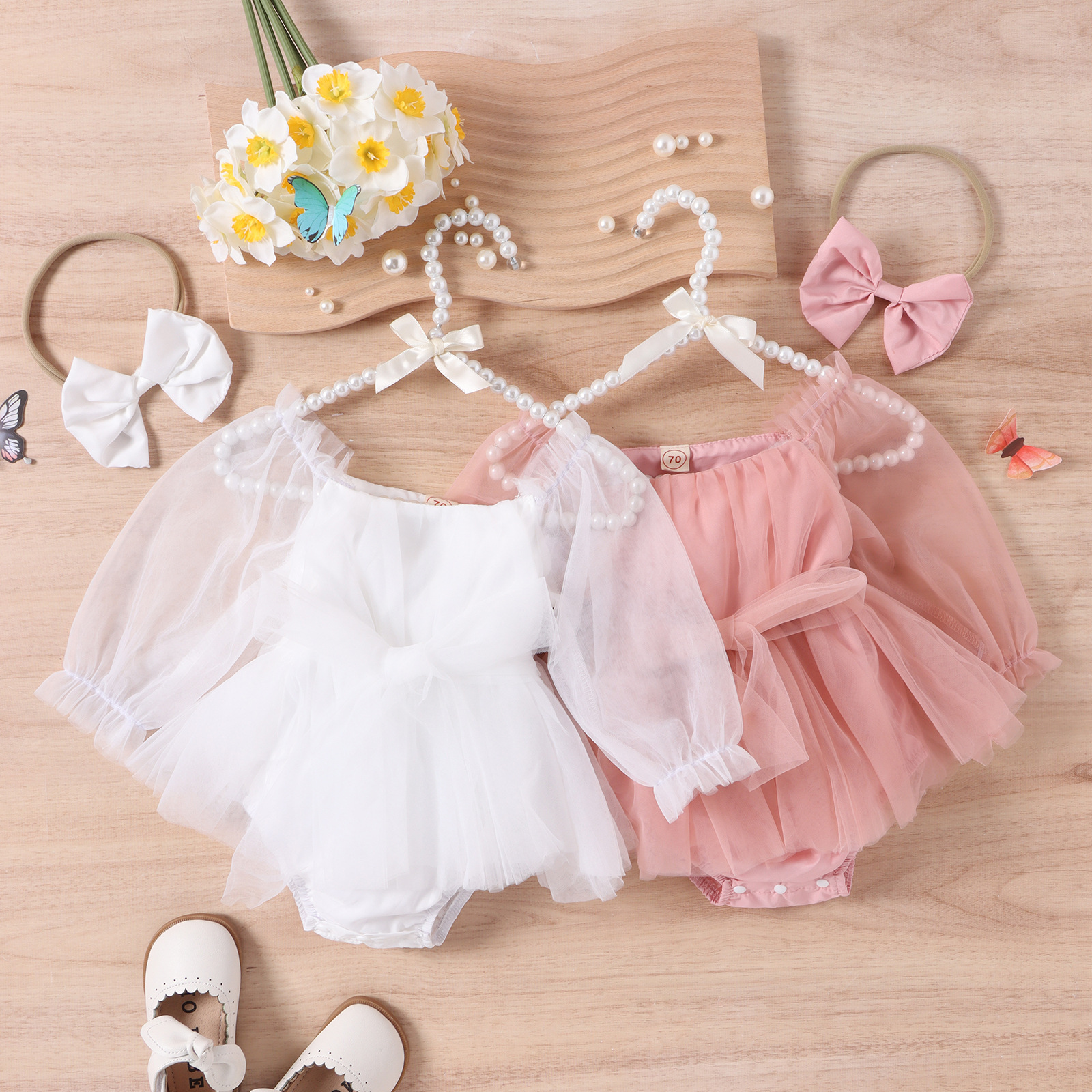 Pelele infantil de manga larga con tul y pañuelo, ropa para niña