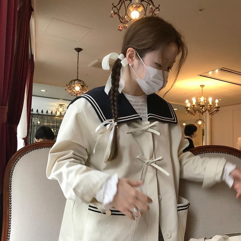 Navy Collar Jacket 2025 Spring Women's Fashion Korean Dongdaemun Color-Block Cardigan Mabli*G Mid-Length Korean Style