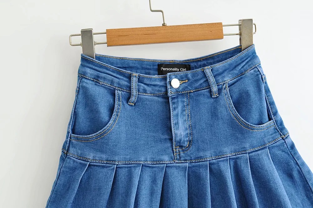 solid color denim stitching short pleated skirt NSHS30999