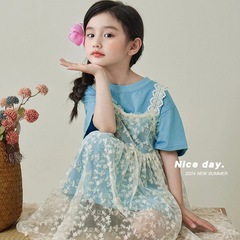 女童連衣裙夏裝2024新款兒童夏季薄款時髦寶寶蕾絲女孩洋氣兩件套