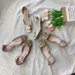 葡萄妈春夏百搭方扣小方头浅口高跟鞋女粗跟平底通勤单鞋女中跟