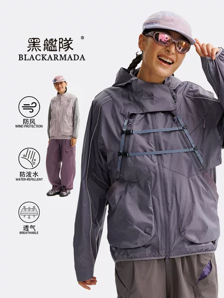 Black Fleet Outdoor Mountain-Style American Workwear Jacket for Men and Women, Sports Casual Hooded Waterproof Mountaineering Jacket