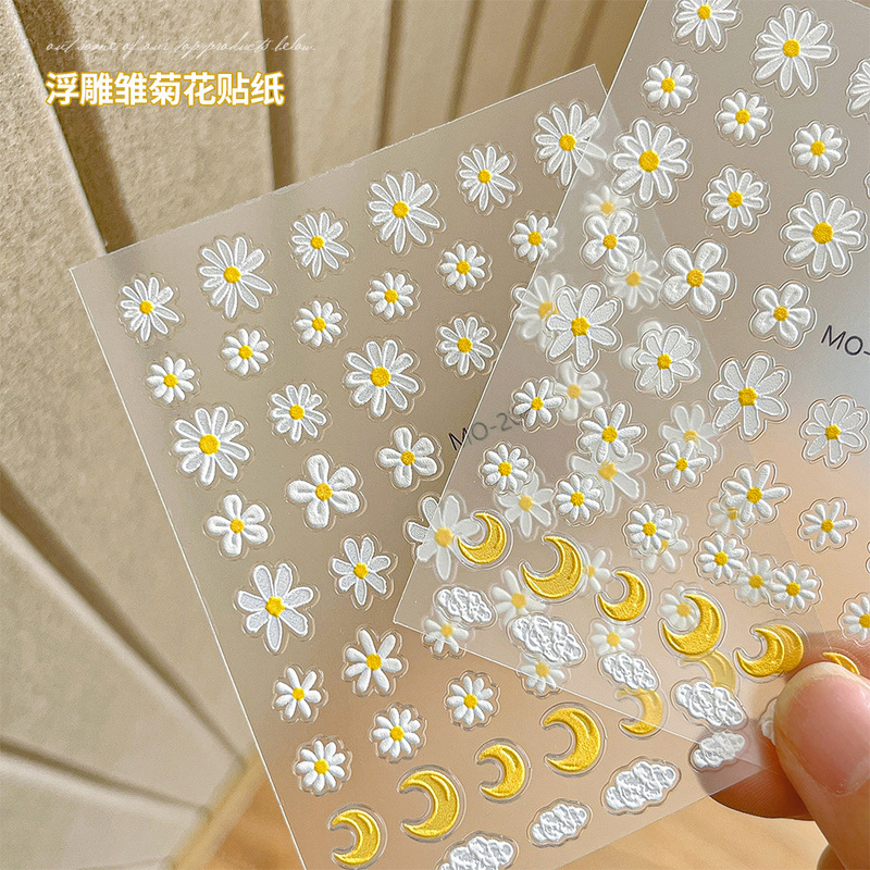 Embossed Daisy Flower Nail Art Stickers New Oil Painting Moon Cloud Adhesive Nail Decals Simple Decoration Wholesale