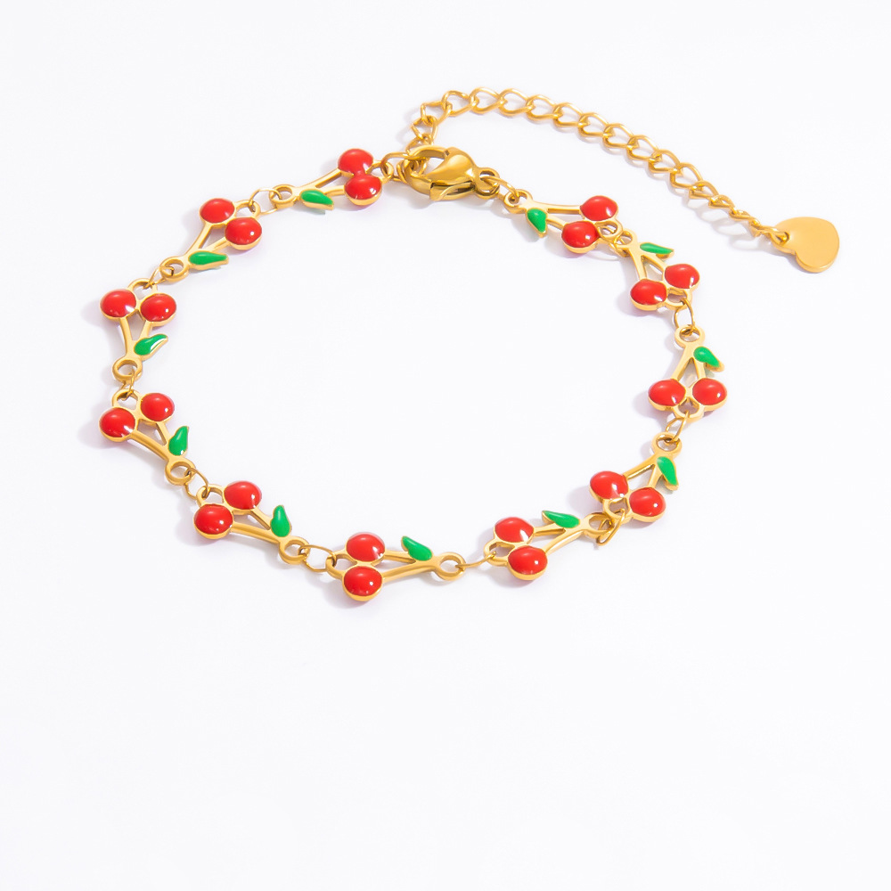 Women's Gender Sweet Style PVD Coated Real Gold Plated 18K Gold Cherry 304 Stainless Steel Sweet Waterproof Non Tarnish 304 Stainless Steel Lobster Trigger Clasp Closure Bracelets