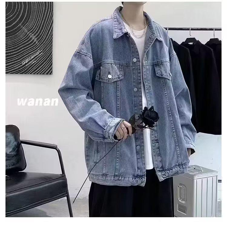 1 Men's Denim Jacket Autumn New Hong Kong Loose Japanese American Style Coat Top_viptrois.com