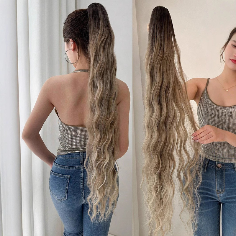 Clamping Long Ponytail Roll 32 Inch Curved Wave Straight Clip Wig Long Ponytail Women's Brown Braid in stock