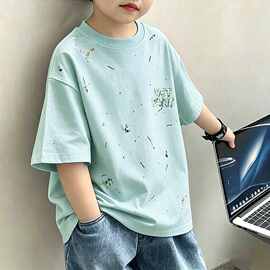 天才鲸 男童短袖纯棉t恤扎染新款中大童夏季男孩宽松学生百搭上衣